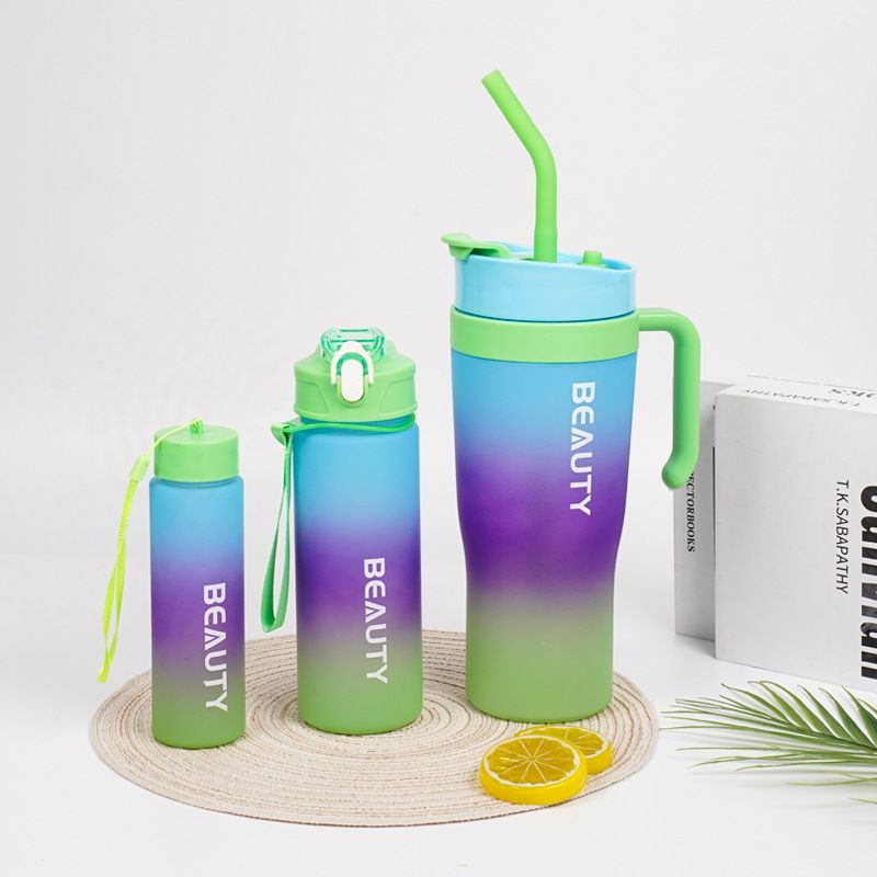 Large Capacity Car Cup Dazzling Color Three Piece Set Double Drinking Cup Portable Handle Car Water Bottle Gradient Color Ice King Cup Yellow