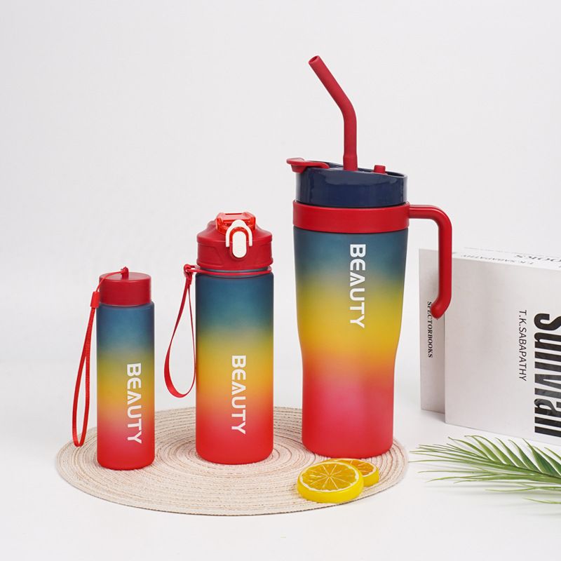 Large Capacity Car Cup Dazzling Color Three Piece Set Double Drinking Cup Portable Handle Car Water Bottle Gradient Color Ice King Cup Yellow