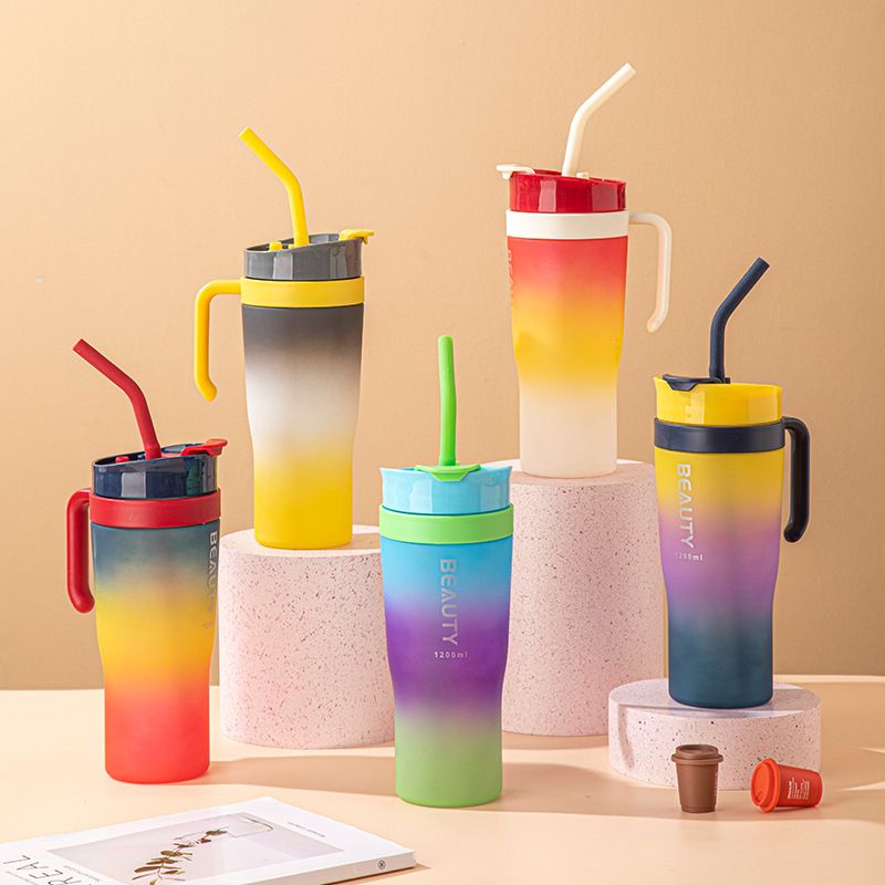 Large Capacity Car Cup Dazzling Color Three Piece Set Double Drinking Cup Portable Handle Car Water Bottle Gradient Color Ice King Cup Yellow