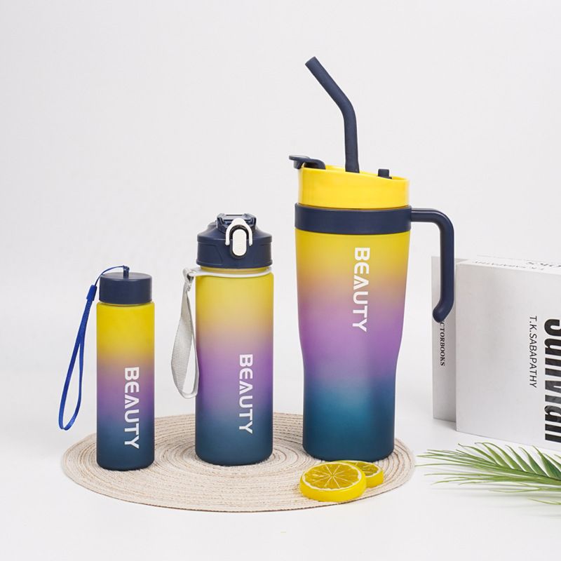 Large Capacity Car Cup Dazzling Color Three Piece Set Double Drinking Cup Portable Handle Car Water Bottle Gradient Color Ice King Cup Yellow