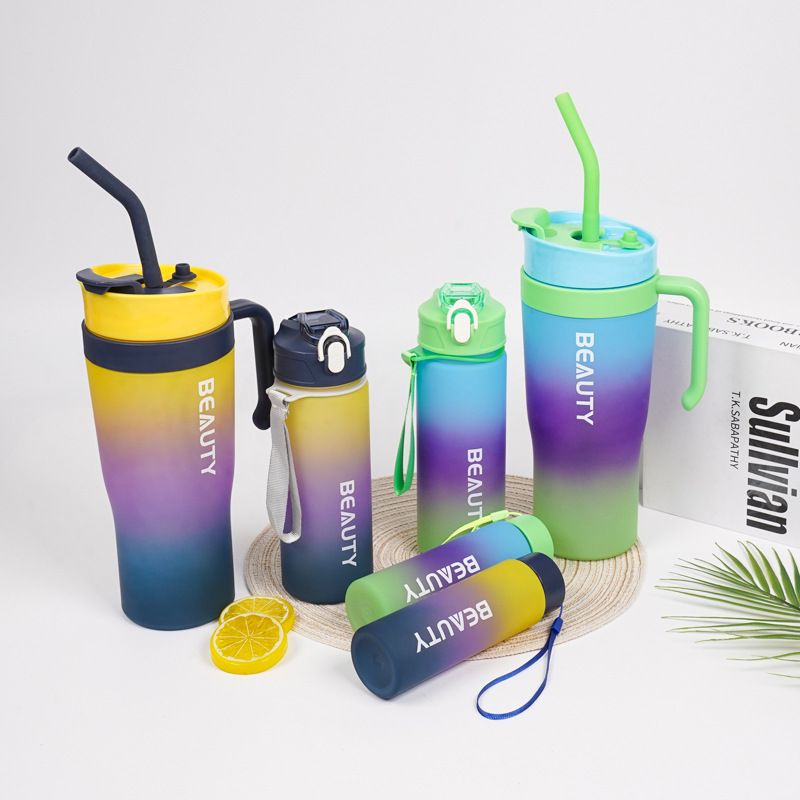 Large Capacity Car Cup Dazzling Color Three Piece Set Double Drinking Cup Portable Handle Car Water Bottle Gradient Color Ice King Cup Yellow