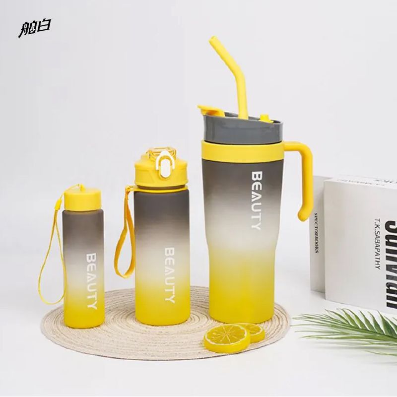 Large Capacity Car Cup Dazzling Color Three Piece Set Double Drinking Cup Portable Handle Car Water Bottle Gradient Color Ice King Cup Yellow