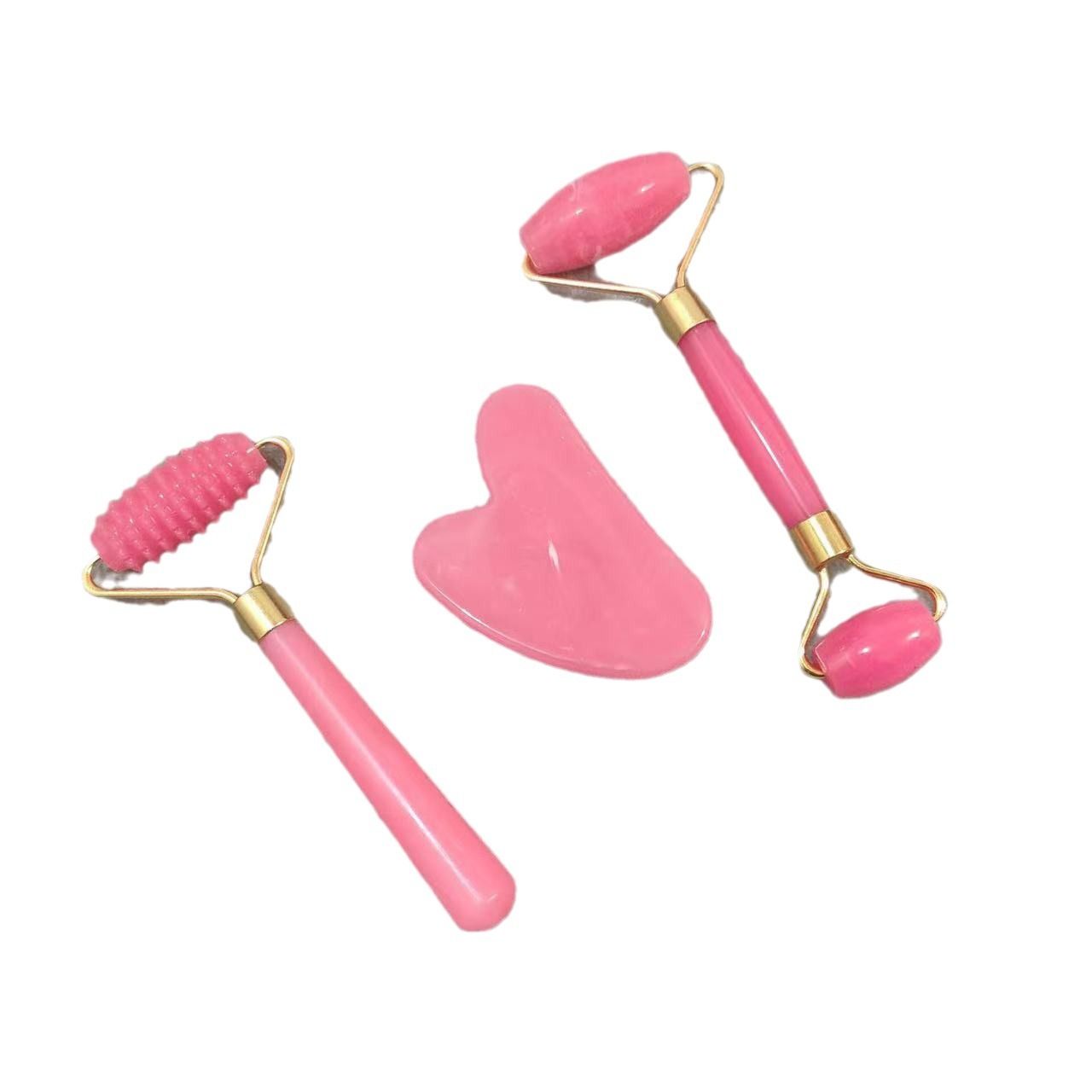 Plastic imitation jade spiced roller gua sha board 3-piece set imitation pink crystal heart-shaped gua sha board facial massaging device