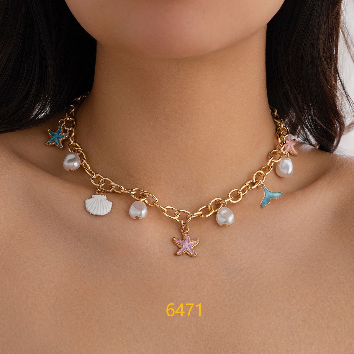#1 European and American cross-border ocean style fish tail imitation pearl tassel necklace with beach star and shell pendants
