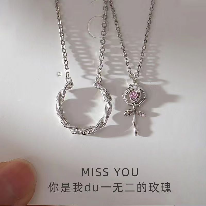 925 Silver Thorn Rose Couple Necklace for a woman, a man and a woman, ins collarbone chain, high-end and light luxury