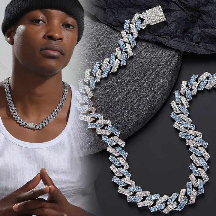 Full Rhinestone Hip Hop Multicolor Blue Iced Out Crystal Cuban Chain Necklace For Women Men Bling Paved Hiphop Jewelry Miami Male Rapper Accessories Jewelry Gift