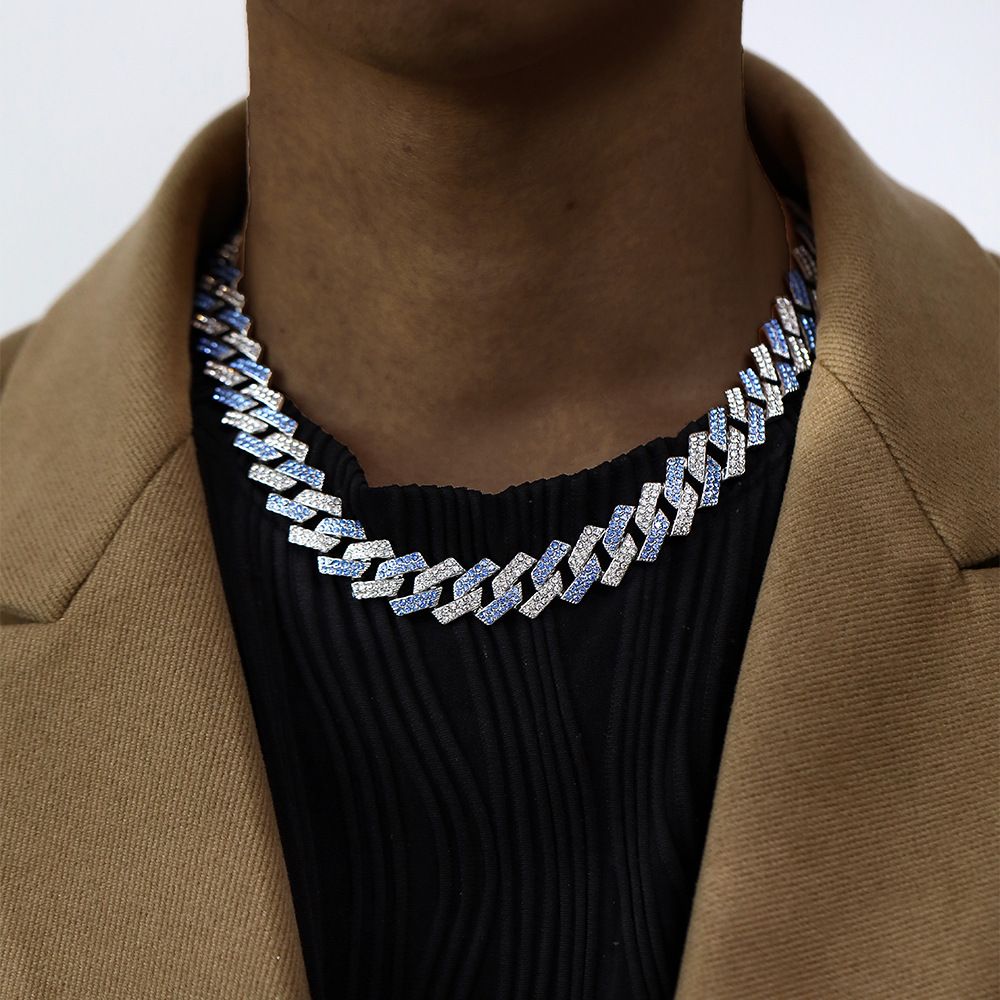 Full Rhinestone Hip Hop Multicolor Blue Iced Out Crystal Cuban Chain Necklace For Women Men Bling Paved Hiphop Jewelry Miami Male Rapper Accessories Jewelry Gift