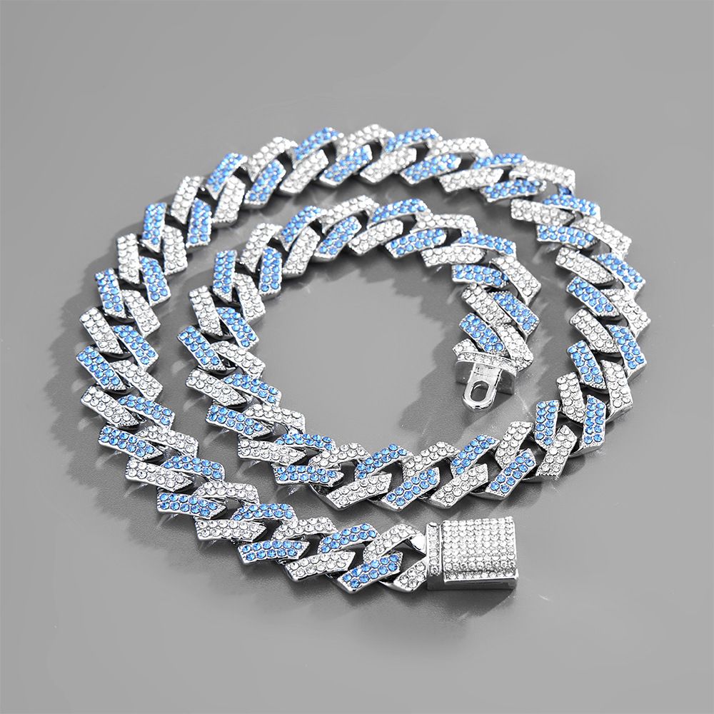Full Rhinestone Hip Hop Multicolor Blue Iced Out Crystal Cuban Chain Necklace For Women Men Bling Paved Hiphop Jewelry Miami Male Rapper Accessories Jewelry Gift