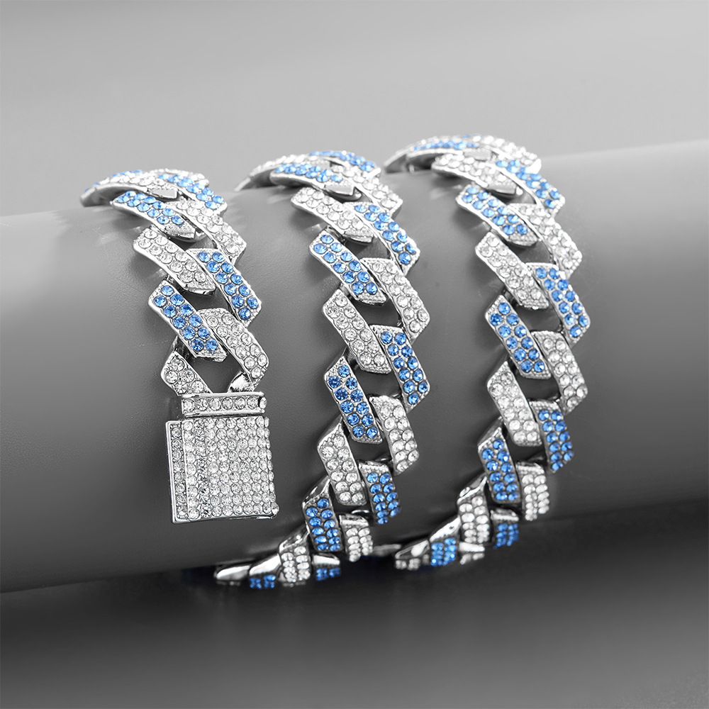 Full Rhinestone Hip Hop Multicolor Blue Iced Out Crystal Cuban Chain Necklace For Women Men Bling Paved Hiphop Jewelry Miami Male Rapper Accessories Jewelry Gift