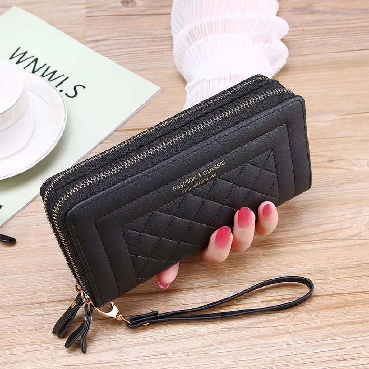 Wallets for Women High Quality Long Pink Wallets Double Zipper PU Leather Clutch Luxury Money Phone Bag