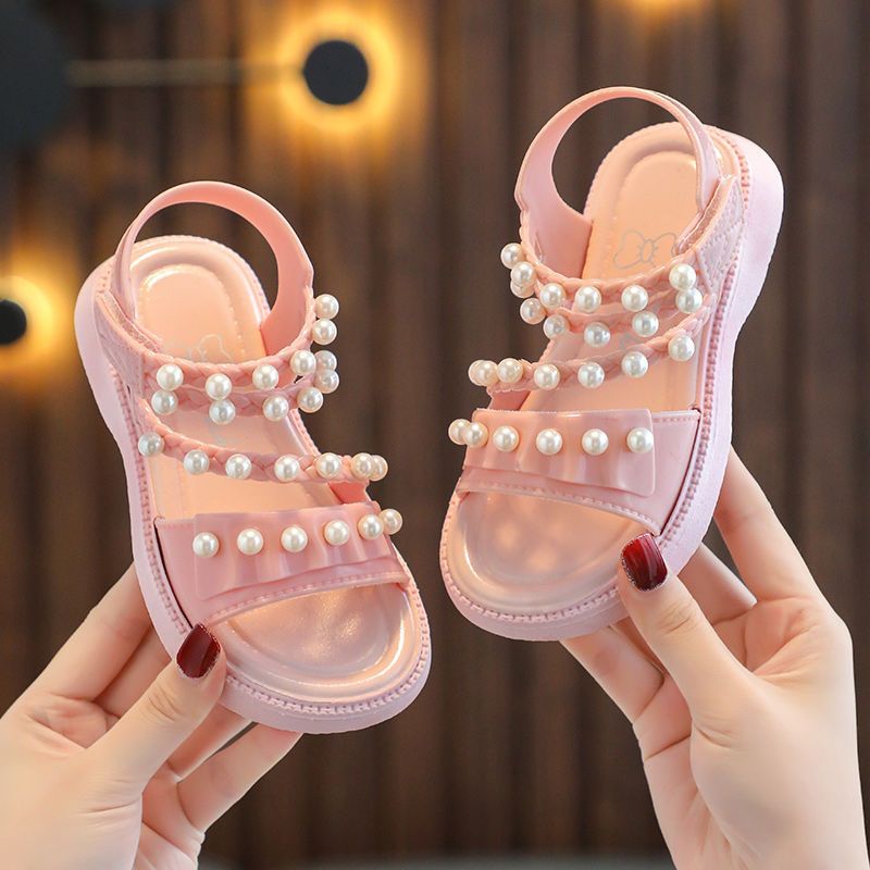 Kids Shoes Sandals Girls' Pearl Sandals Fashion Cute Baby Children Beach Shoes Non-Slip Soft Soled Little Princess Shoes Slipper