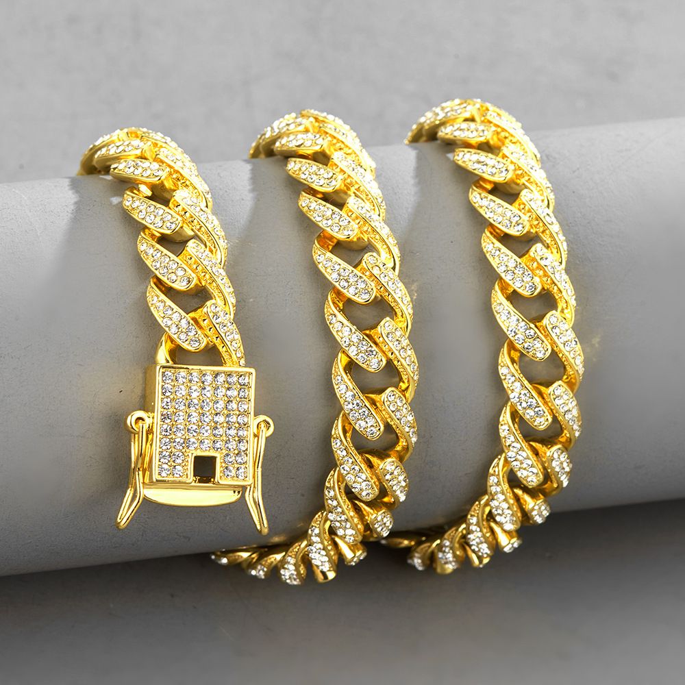 Full Rhinestone Hip Hop Multicolor Gold Iced Out Crystal Cuban Chain Necklace For Women Men Bling Paved Hiphop Jewelry Miami Male Rapper Accessories Jewelry Gift