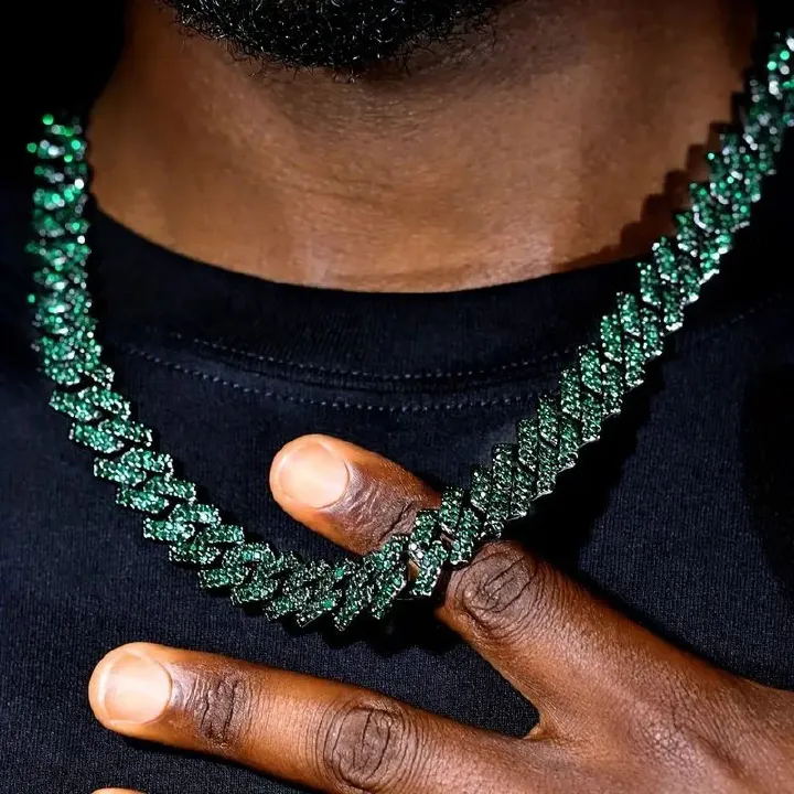 Full Rhinestone Hip Hop Multicolor Dark green Iced Out Crystal Cuban Chain Necklace For Women Men Bling Paved Hiphop Jewelry Miami Male Rapper Accessories Jewelry Gift