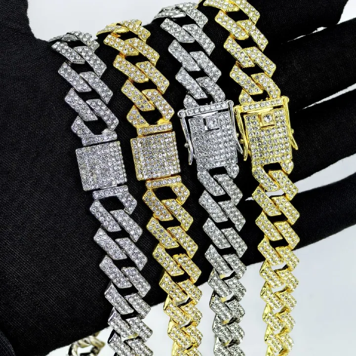 Full Rhinestone Hip Hop Multicolor Gold Iced Out Crystal Cuban Chain Necklace For Women Men Bling Paved Hiphop Jewelry Miami Male Rapper Accessories Jewelry Gift