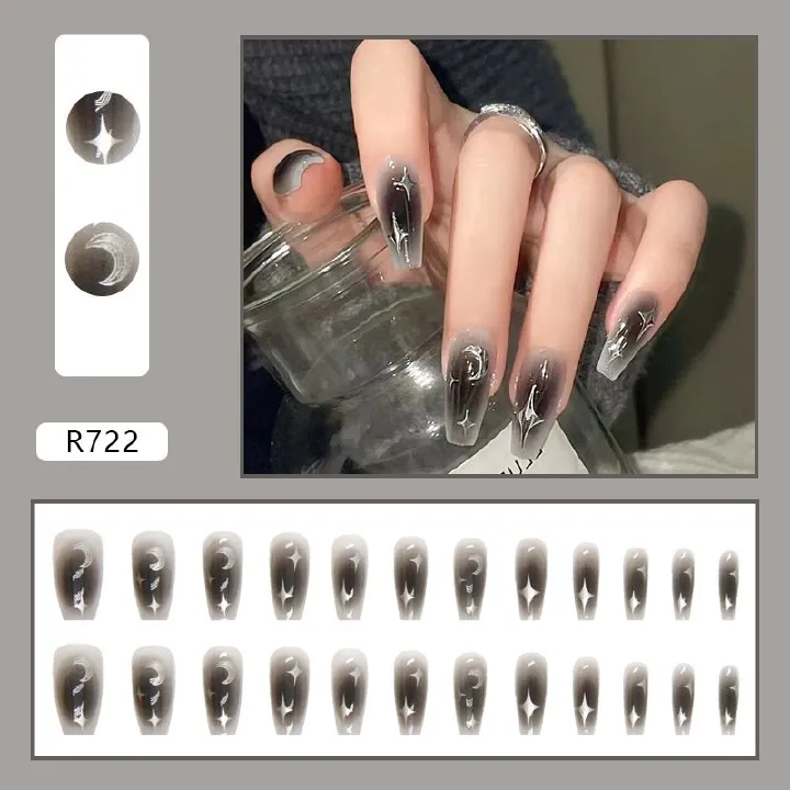 Nail art 24-piece set fake nails reusable sticker nails press-on french nail patch high sense silver moon and stars armor jelly sticker cosmetic accessories