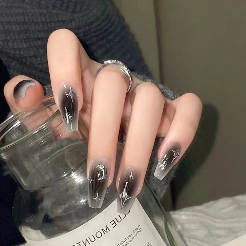 Nail art 24-piece set fake nails reusable sticker nails press-on french nail patch high sense silver moon and stars armor jelly sticker cosmetic accessories