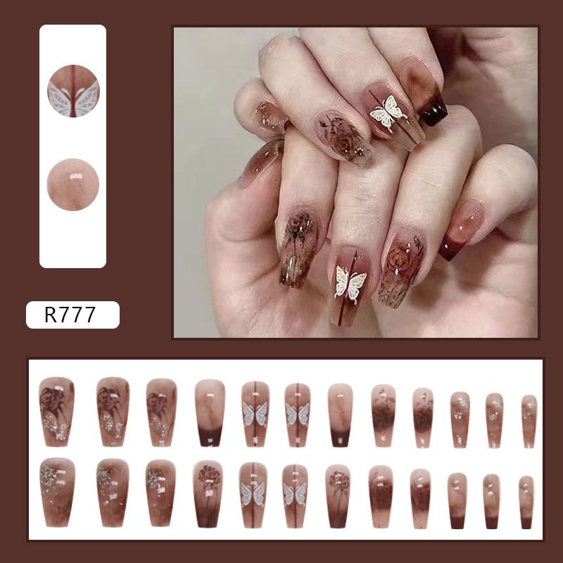Nail art 24-piece set fake nails reusable sticker nails press-on french nail patch high sense ballet ice-cold rose butterfly armor jelly sticker cosmetic accessories