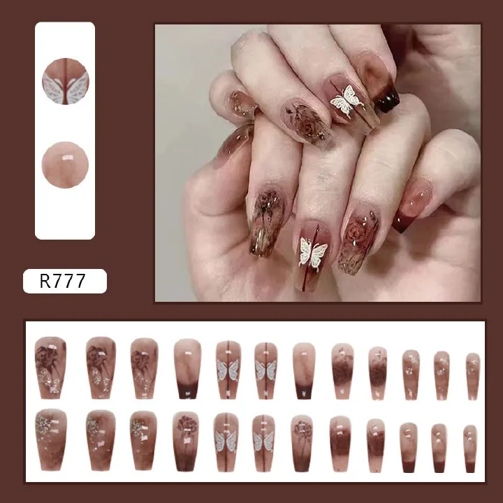 Nail art 24-piece set fake nails reusable sticker nails press-on french nail patch high sense ballet ice-cold rose butterfly armor jelly sticker cosmetic accessories
