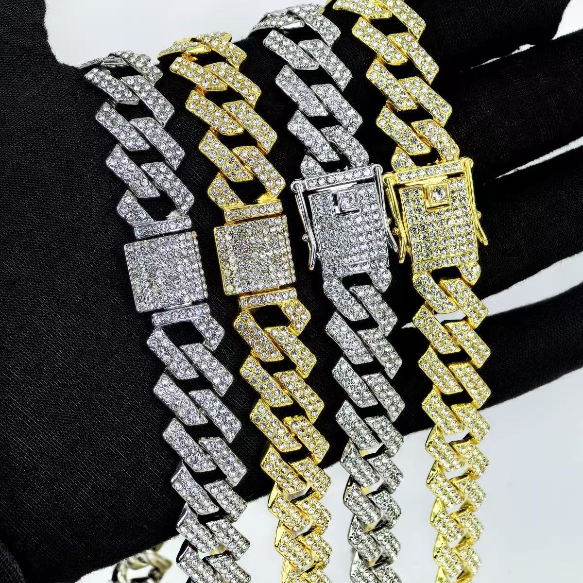 Full Rhinestone Hip Hop Multicolor Dark green Iced Out Crystal Cuban Chain Necklace For Women Men Bling Paved Hiphop Jewelry Miami Male Rapper Accessories Jewelry Gift