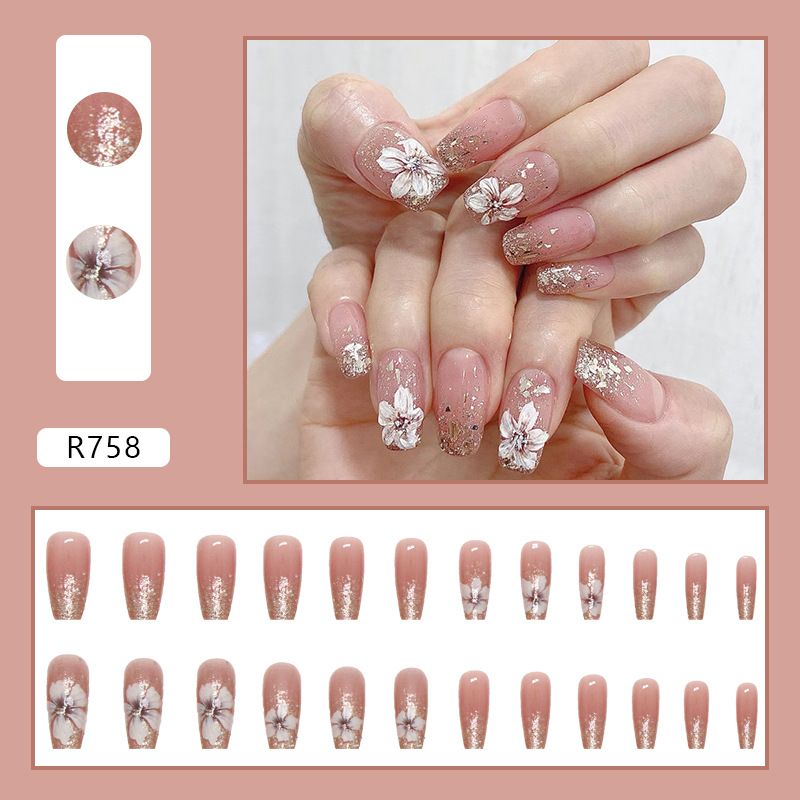 Nail art 24-piece set fake nails reusable sticker nails press-on french nail patch high sense flash retro natural camellia beautiful girl jelly sticker cosmetic accessories