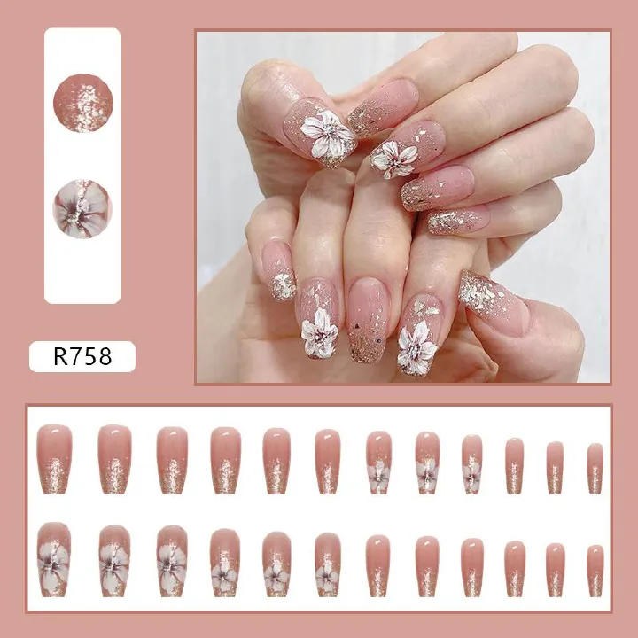 Nail art 24-piece set fake nails reusable sticker nails press-on french nail patch high sense flash retro natural camellia beautiful girl jelly sticker cosmetic accessories