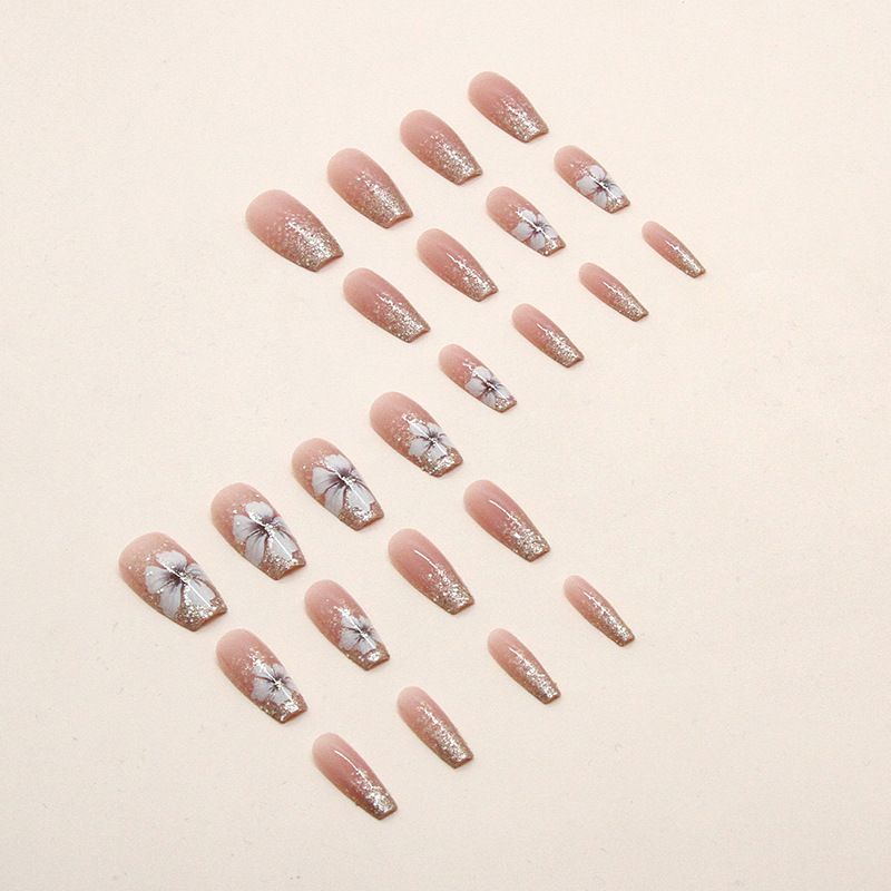 Nail art 24-piece set fake nails reusable sticker nails press-on french nail patch high sense flash retro natural camellia beautiful girl jelly sticker cosmetic accessories