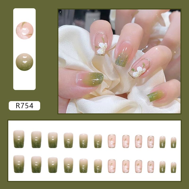 Nail art 24-piece set fake nails reusable sticker nails press-on french nail patch high sense romantic gradient flashing pink white camellia jelly sticker cosmetic accessories