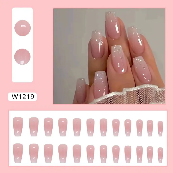Nail art 24-piece set fake nails reusable sticker nails press-on french nail patch high sense ballet nail girl pink gradient glitter jelly sticker cosmetic accessories