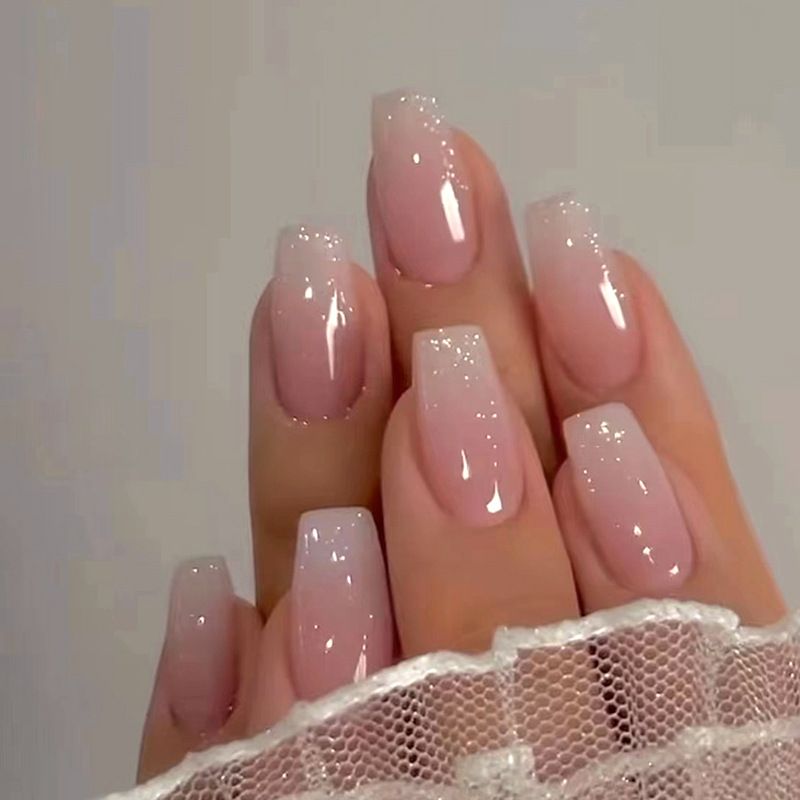 Nail art 24-piece set fake nails reusable sticker nails press-on french nail patch high sense ballet nail girl pink gradient glitter jelly sticker cosmetic accessories