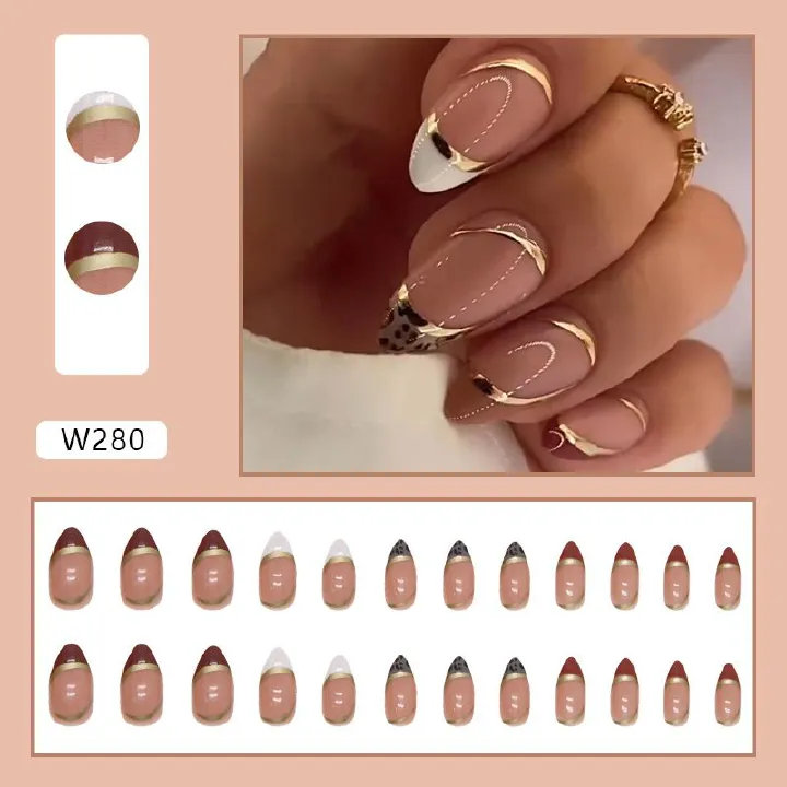 Nail art 24-piece set fake nails reusable sticker nails press-on french nail patch high sense shiny gold foil spell color leopard pattern French jelly sticker cosmetic accessories