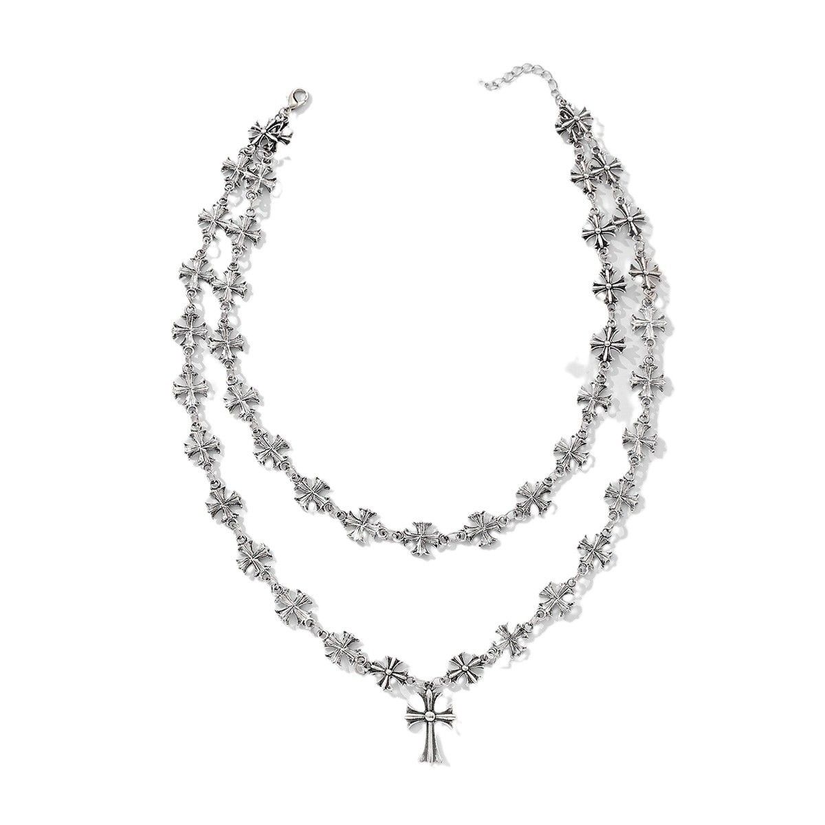 European and American jewelry fashion hip-hop cross colorfast necklace double layered punk style Cuban chain