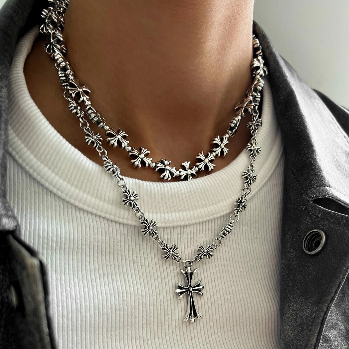 European and American jewelry fashion hip-hop cross colorfast necklace double layered punk style Cuban chain