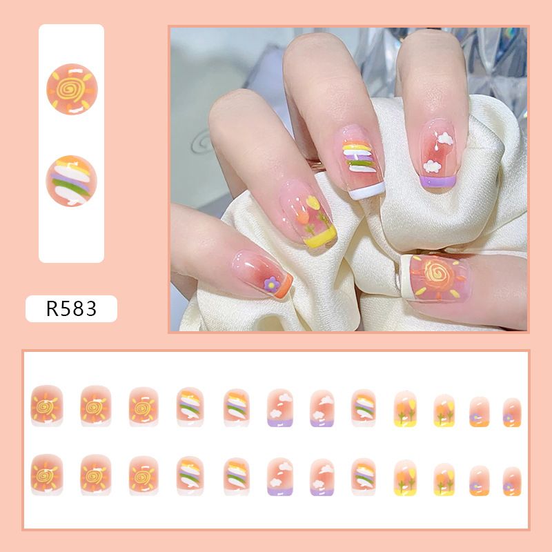 Nail art 24-piece set fake nails reusable sticker nails press-on french nail patch cute nail wear a summer nail film childlike and lively candy gradient ice color
