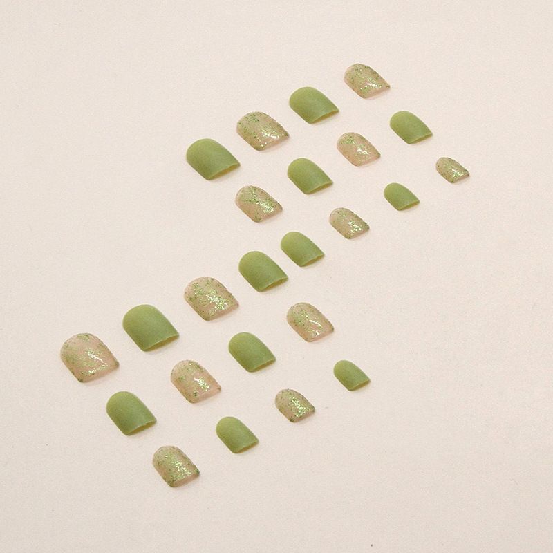 Nail art 24-piece set fake nails reusable sticker nails press-on french nail patch Shiny gold powder with frosted solid color and tender green ins wind