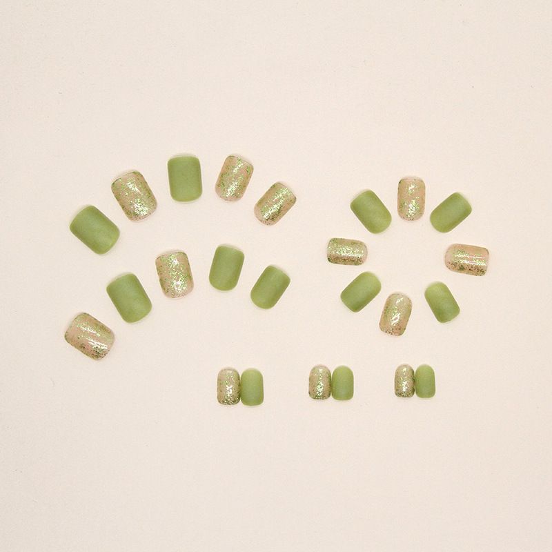 Nail art 24-piece set fake nails reusable sticker nails press-on french nail patch Shiny gold powder with frosted solid color and tender green ins wind