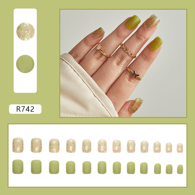 Nail art 24-piece set fake nails reusable sticker nails press-on french nail patch Shiny gold powder with frosted solid color and tender green ins wind