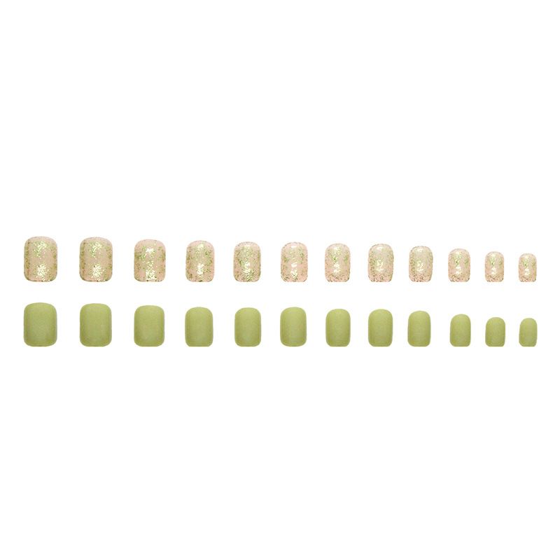 Nail art 24-piece set fake nails reusable sticker nails press-on french nail patch Shiny gold powder with frosted solid color and tender green ins wind