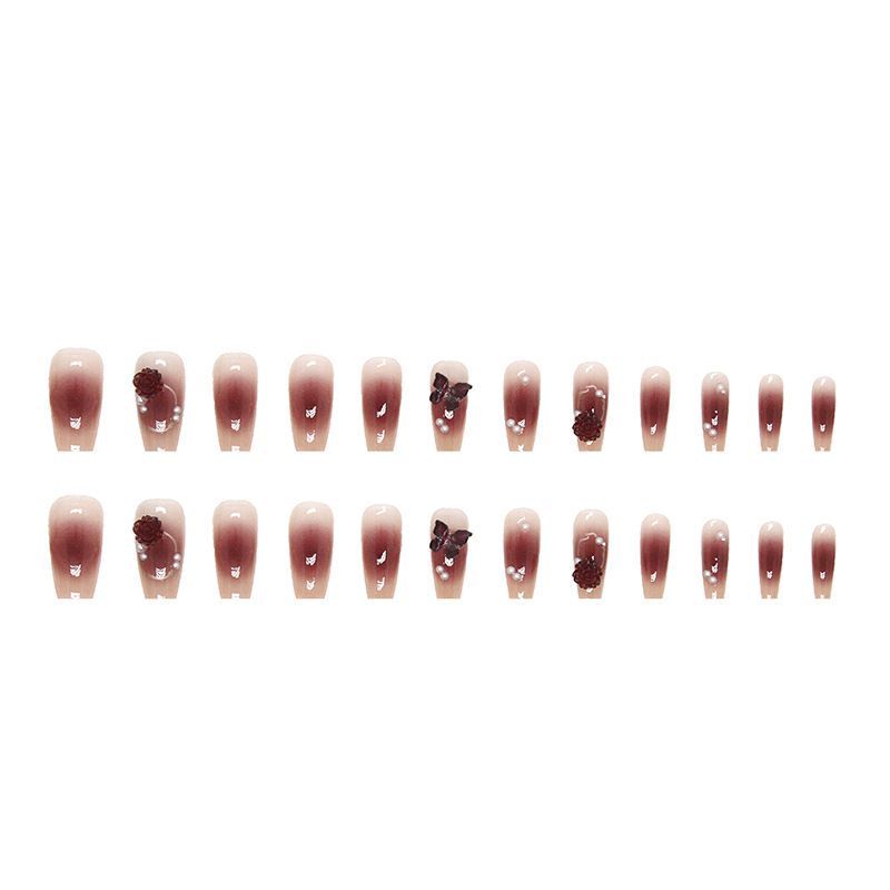 Nail art 24-piece set fake nails reusable sticker nails press-on Coral blush long ballet nail Crystal Butterfly Camellia Pearl combination nail pieces