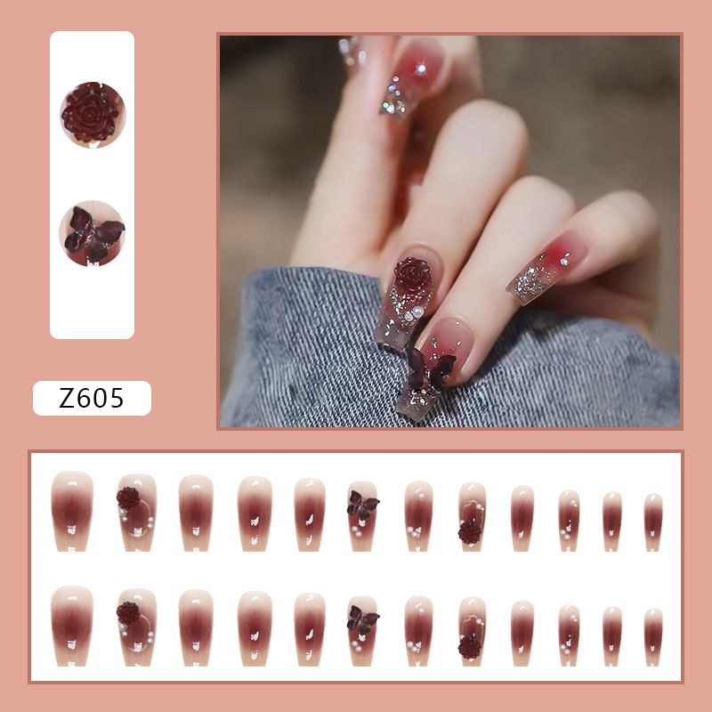 Nail art 24-piece set fake nails reusable sticker nails press-on Coral blush long ballet nail Crystal Butterfly Camellia Pearl combination nail pieces