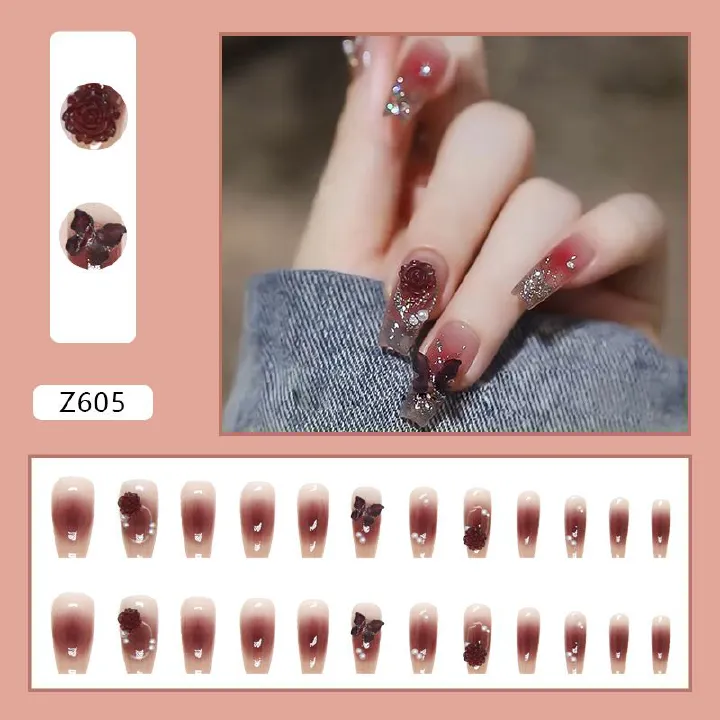 Nail art 24-piece set fake nails reusable sticker nails press-on Coral blush long ballet nail Crystal Butterfly Camellia Pearl combination nail pieces
