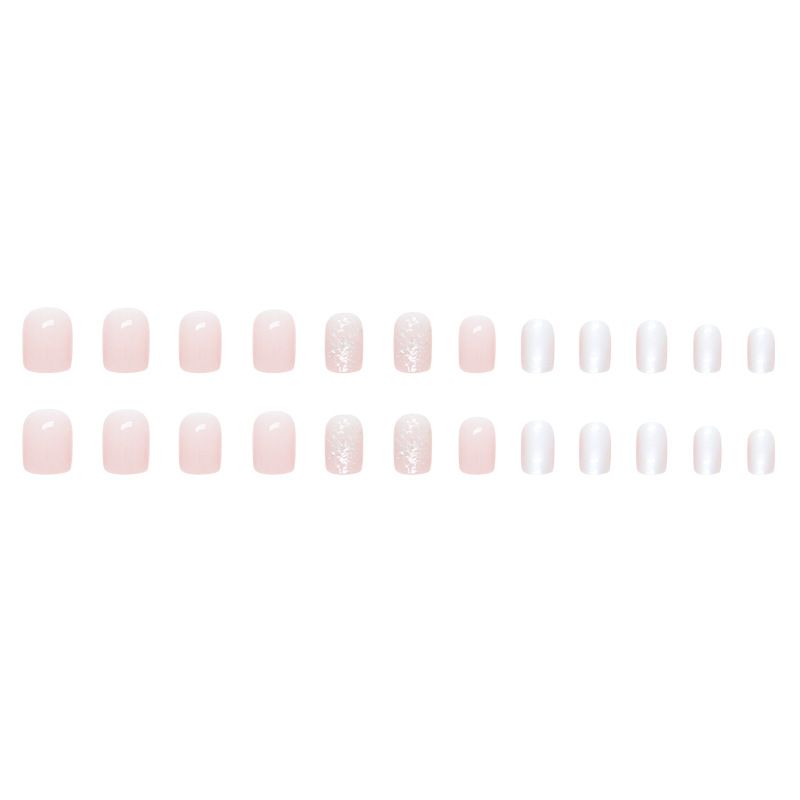Nail art 24-piece set fake nails reusable sticker nails press-on short pink tender girl glitter pearlescent nail art is lovely, natural and sweet view 5