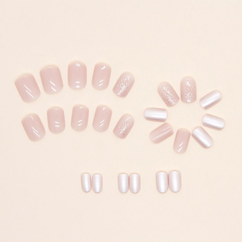 Nail art 24-piece set fake nails reusable sticker nails press-on short pink tender girl glitter pearlescent nail art is lovely, natural and sweet view 3
