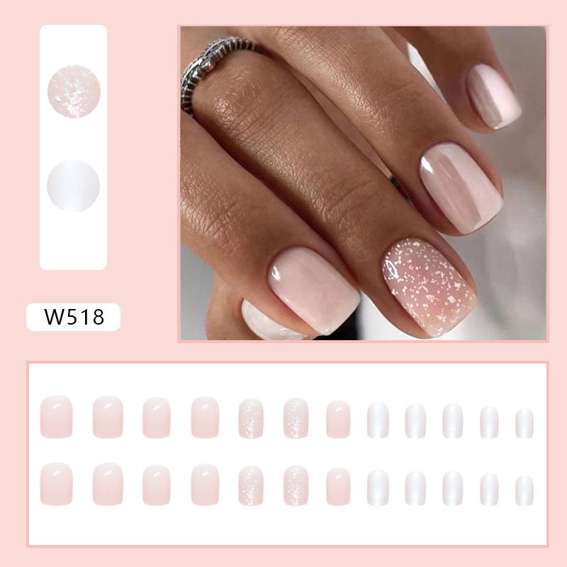 Nail art 24-piece set fake nails reusable sticker nails press-on short pink tender girl glitter pearlescent nail art is lovely, natural and sweet