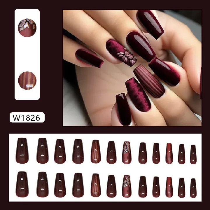 Nail art 24-piece set fake nails reusable sticker nails press-on dark red mysterious blooming flower stripe sweet cool girl