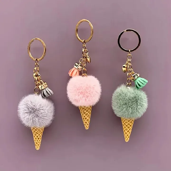 New Ice Cream Keychains for Women Men Plush Pompom Key Chain Rings Pendant Keyring Holder Charm Cute Bag Cartoon Plush Pendant