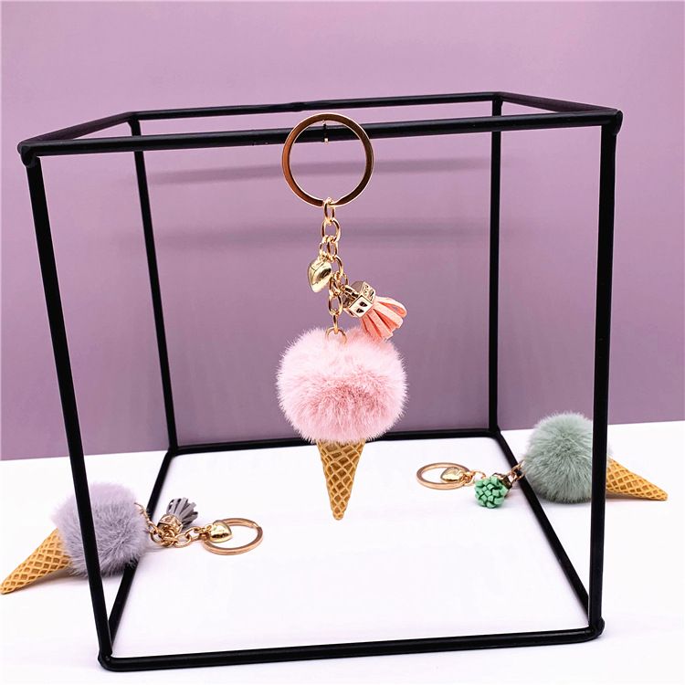 New Ice Cream Keychains for Women Men Plush Pompom Key Chain Rings Pendant Keyring Holder Charm Cute Bag Cartoon Plush Pendant