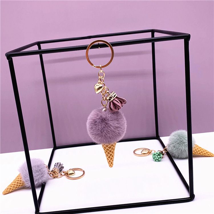 New Ice Cream Keychains for Women Men Plush Pompom Key Chain Rings Pendant Keyring Holder Charm Cute Bag Cartoon Plush Pendant