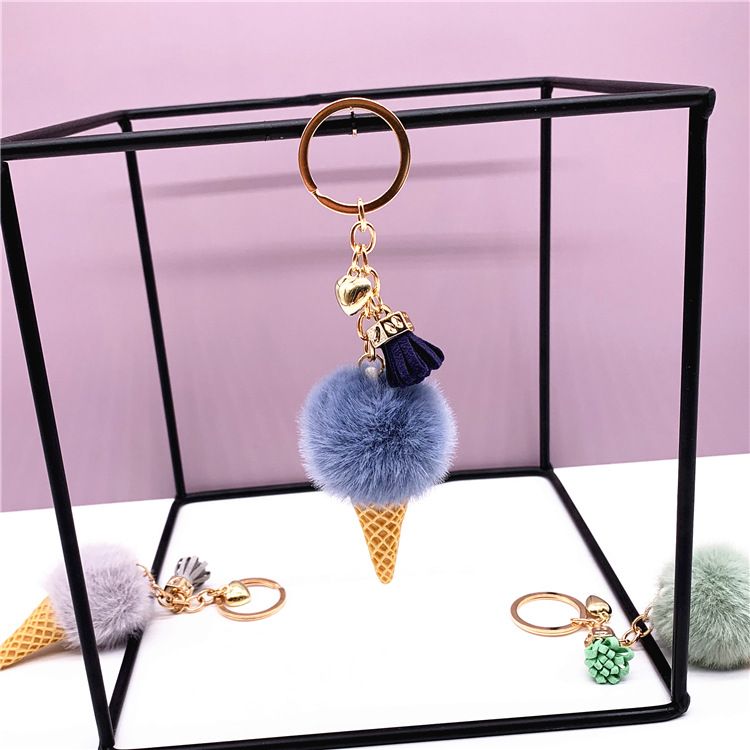 New Ice Cream Keychains for Women Men Plush Pompom Key Chain Rings Pendant Keyring Holder Charm Cute Bag Cartoon Plush Pendant