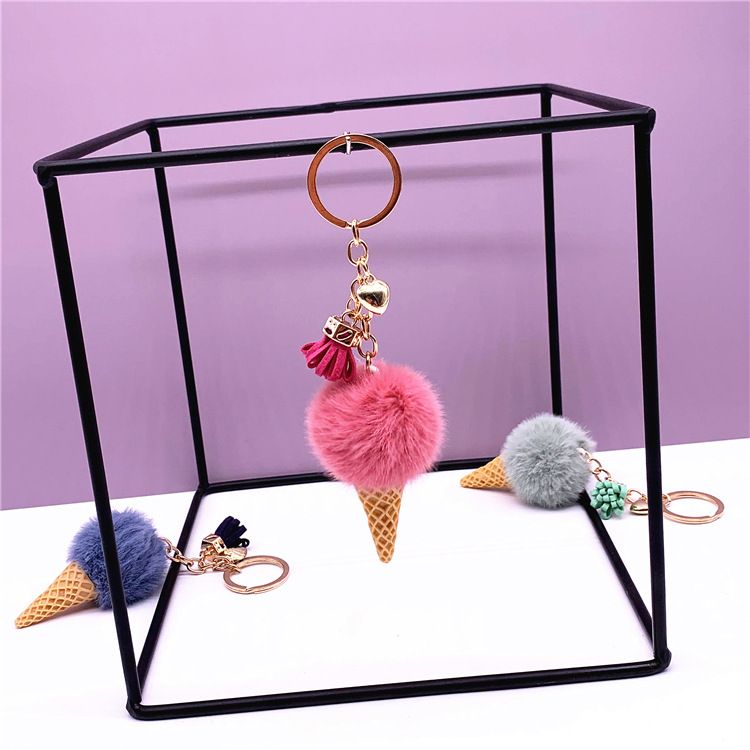 New Ice Cream Keychains for Women Men Plush Pompom Key Chain Rings Pendant Keyring Holder Charm Cute Bag Cartoon Plush Pendant