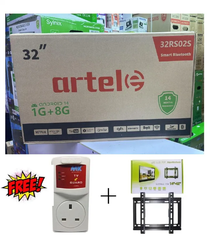 🎁 FREE GIFT PACK: MK TV Guard ⚡ + Wall Mount Bracket 🧱 – Included with Every Artel 32” Android Smart Bluetooth TV 📦📺💚